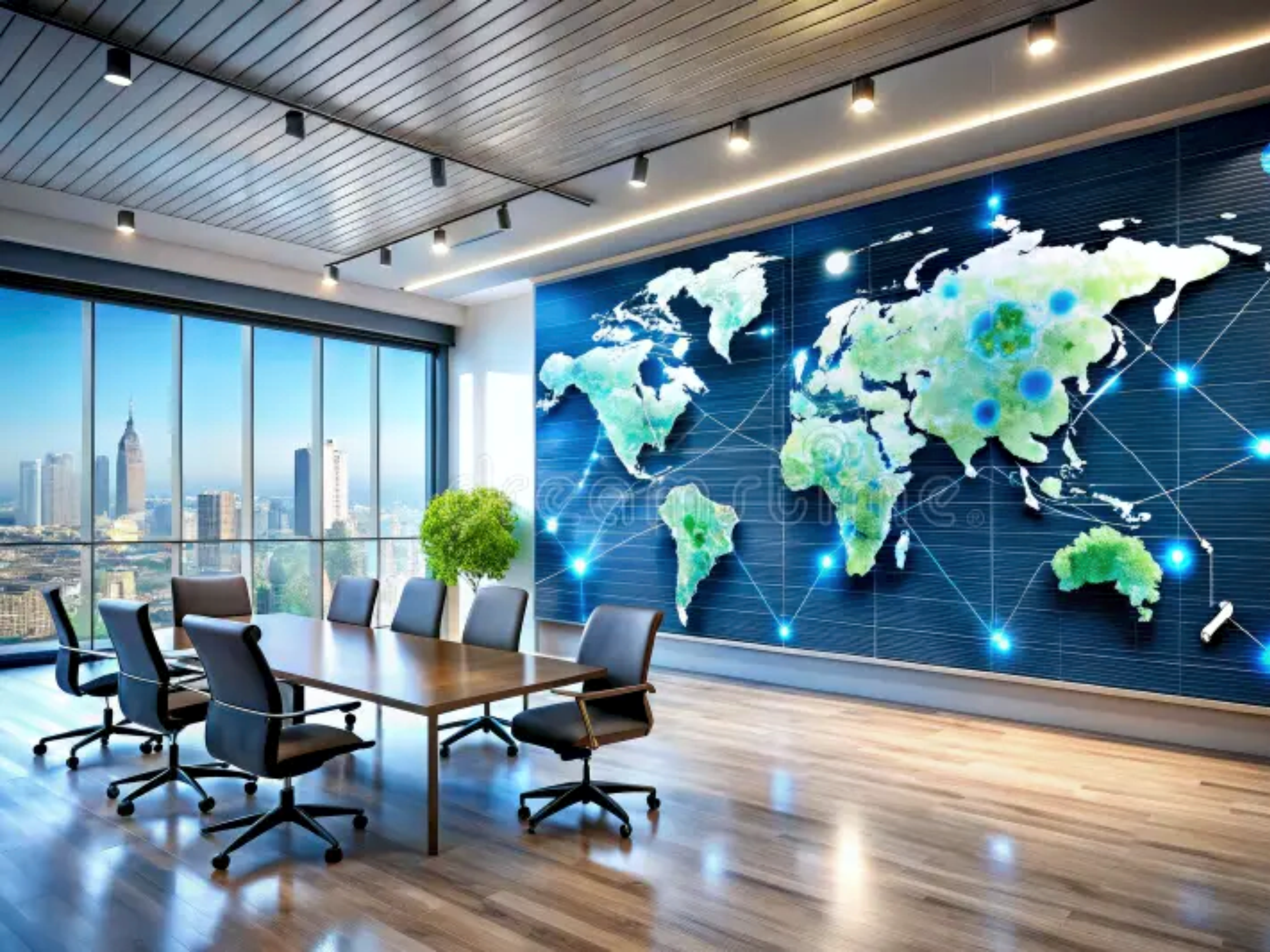 Global operations map in an Asphalt Tech Pro boardroom
